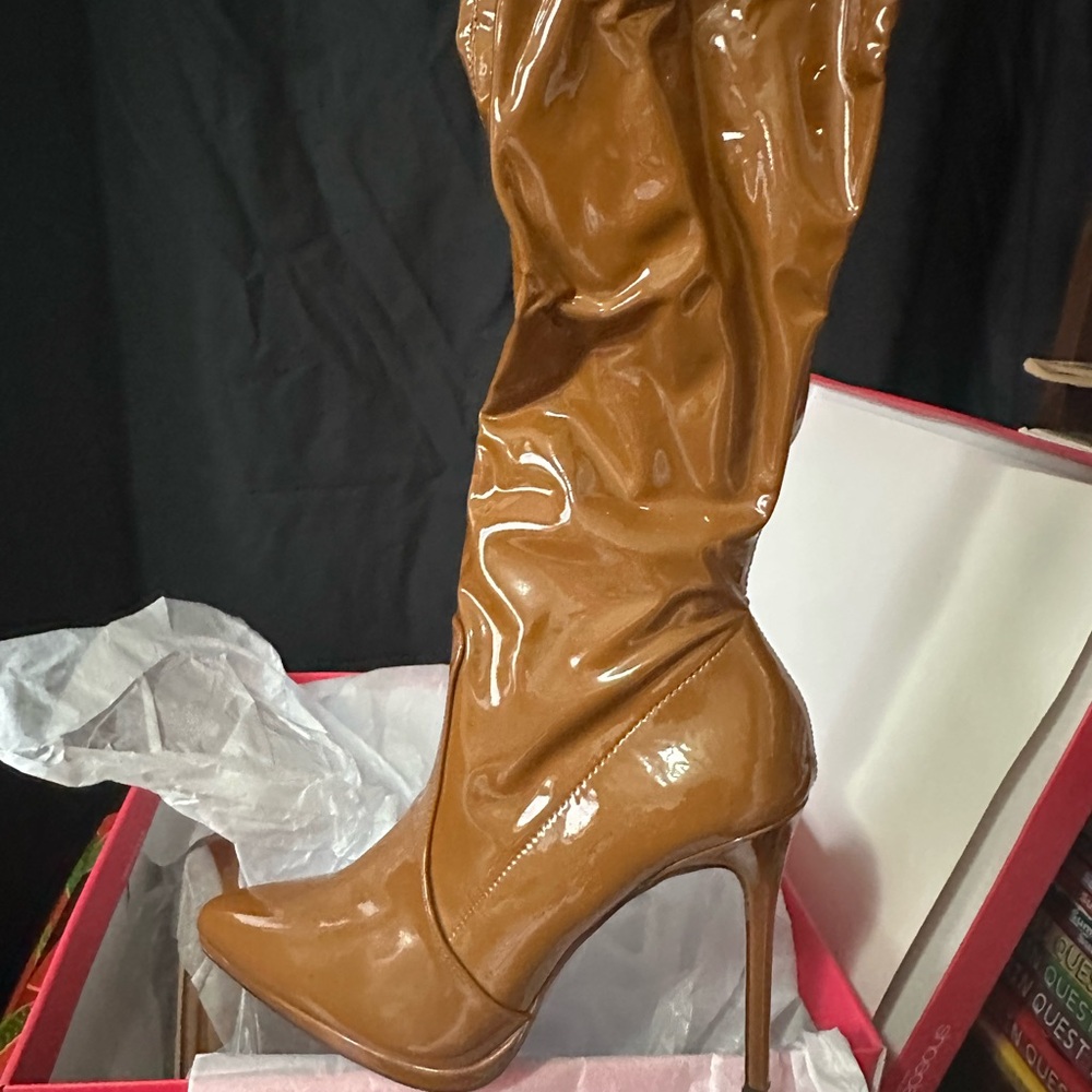 Liquid Patent Leather Thigh High Brown High Heel Boots